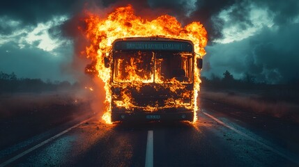 Poster - Dramatic scene of a burning bus engulfed in flames and thick smoke on a road showcasing an apocalyptic disaster like scenario filled with chaos danger and emergency