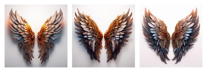 Poster - Collection of three isolated pairs of wings. Detailed feathered wings with brown, beige, and blue hues.  Each pair is uniquely styled.