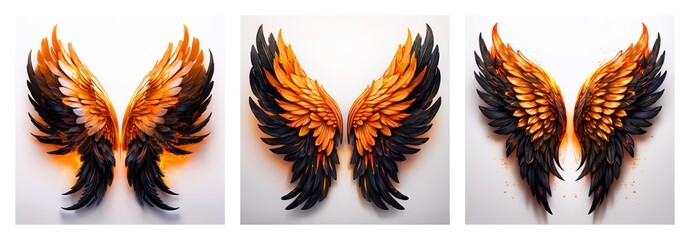 Poster - A decorative isolated collection featuring three pairs of stylized wings.  Each pair displays orange and black feathers, creating a fantasy themed design.