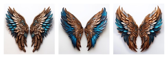 Poster - Isolated collection of three pairs of decorative wings. Brown and blue feathers. Artistic and detailed design.
