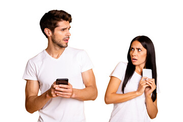 Poster - Photo of two people with telephones not trust each other private information wear casual clothes isolated yellow color background