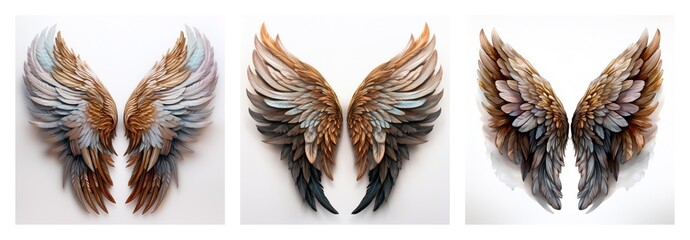Poster - Isolated collection of three pairs of feathered wings with varied colors, set against a clean white backdrop, showcasing detail and texture.