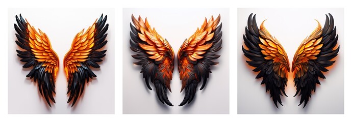 Poster - Three pairs of wings, isolated against white. A collection of feathered wings with orange and black color variations.