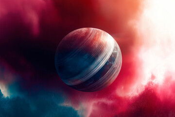 Wall Mural - A surreal digital painting of a massive ringed planet floating in a vibrant cosmic nebula, illuminated by a mysterious light source, creating a futuristic .