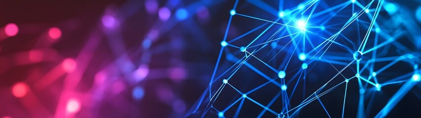 Fototapete - Futuristic digital network visualization with interconnected data points glowing blue and purple lights and a dynamic abstract geometric pattern