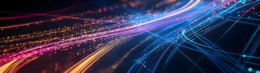 Poster - Glowing abstract digital energy trails and neon particle streams create a captivating futuristic technology backdrop  This image evokes a sense of innovation progress