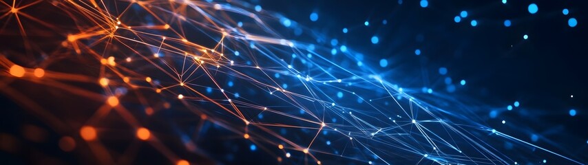 Fototapete - Glowing interconnected digital nodes forming a futuristic technological landscape  Abstract background with bright lines dots and particles creating a dynamic intelligent
