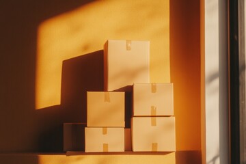 Poster - Sunlit Minimalist Packaging Stacked Cardboard Boxes on Sunlit Doorstep - Home-Based E-Commerce Shipping and Sustainable Business Growth