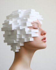 Aufkleber - Sculptural Hime Haircut in -Printed Geometric White Blocks - Avant-Garde Fashion Imagery for Tech-Driven Marketing and Cultural Commentary