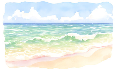  watercolor, A breathtaking view of a turquoise sea meeting a pristine white sandy beach, Generative AI