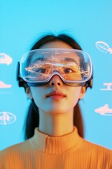 Poster - Futuristic VR Tourism Experience Slim East Asian Woman with Next-Gen Headset and Holographic Interface in Neon Blue Ambiance - Immersive Travel Solutions and Tech Innovations