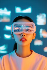 Aufkleber - Next-Gen VR Tourism Experience Sleek Holographic Interface with Neon Blue Ambiance - Empowering Travel Industry Innovation and Immersive Digital Exploration