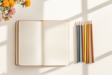 Aufkleber - Minimalist Creative Journaling Setup Open Bullet Journal with Colorful Pencils on Sunlit Desk Inspiring Organization and Branding for Modern Stationery Lovers