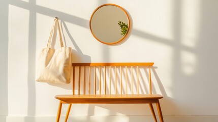 Leinwandbilder - Minimalist Entryway Design Wooden Bench with Eco-friendly Tote and Circular Mirror - Modern Home Staging and Sustainable Living Spaces