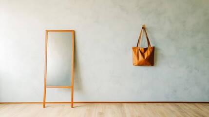 Poster - Minimalist Interior Decor Elegant Wooden Floor Mirror and Leather Tote on Textured Wall - Sustainable Home Styling and Modern Living Space Accent