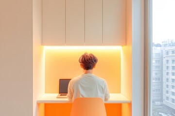 Aufkleber - Compact Urban Living Multifunctional Workspace for Young Professional with Smart Storage Solutions and Ambient Lighting - Modern Interior Design for Micro-Apartments