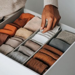 Poster - Modern Capsule Living Hands Organizing Multi-Functional Textile Storage Cube in Sleek Urban Apartment - Space Efficiency and Urban Design for Compact Living Solutions