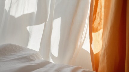Aufkleber - Serene Morning Light Sheer Curtains and Cozy Linen Textures - Sleep Wellness Imagery for Lifestyle Brands and Morning Routine Content