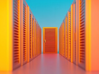 Aufkleber - Vibrant Tech Aesthetic in Modern Data Center Colorful Server Room Corridor with Smart Ventilation and Power Systems - Infrastructure Content for Digital Operations and Cloud Solutions
