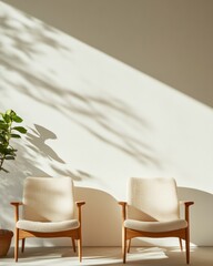 Poster - Scandinavian Minimalist Seating Mid-Century Modern Chairs and Potted Plant in Sunlit Space - Flexible Office Design and Casual Collaboration for Creative Teams