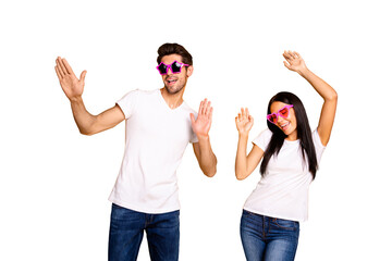 Poster - Photo of two people attend youth student party dancing like never wear cool specs and casual clothes isolated yellow color background