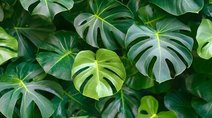 Aufkleber - Lush tropical monstera deliciosa leaves in vibrant green foliage  Natural background with exotic plant life dense vegetation and rich biodiversity  Scenic and serene botanical scenery