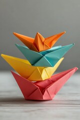 Poster - Colorful Origami Boat Display Vibrant Paper Crafts on Wooden Surface for Creative Education and Educational Spaces - Enhancing Imagination in Classroom Decor
