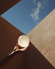 Poster - Minimalist Cosmic Design Hand Holding Translucent Sphere in Geometric Sunlit Space - Creative Innovation Content and Design Inspiration for Modern Business Solutions