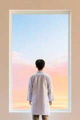 Poster - Modern Healthcare Professional in Minimalist Clinical Setting Back View of Practitioner in White Coat by Panoramic Window - Innovation in Medical Content and Patient-Centric Care