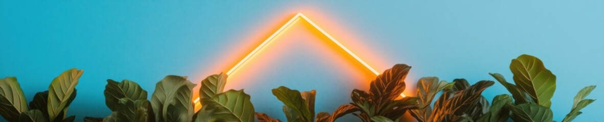 Leinwandbilder - Neon Geometry and Botanicals Triangular Light Art Amidst Tropical Plants - Modern Aesthetic for Creative Spaces and Digital Branding