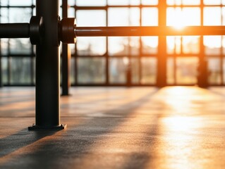 Poster - industrial chic fitness steel training equipment in sunlit gym interior - architectural fitness mark