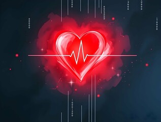 Poster - A glowing red heart with a vibrant EKG line, surrounded by circuit board patterns, symbolizes technology and health, online love