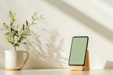 Fototapete - Minimalist Workplace Wellness Smartphone on Sleek Wooden Stand and Potted Plant for Digital Mindfulness and Productivity in Contemporary Office Design