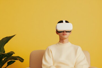 Aufkleber - VR Minimalism Living Space Asian Man in Neutral Aesthetic VR Setup - Modern Digital Interaction and Minimalist Design for Elevated Virtual Experiences