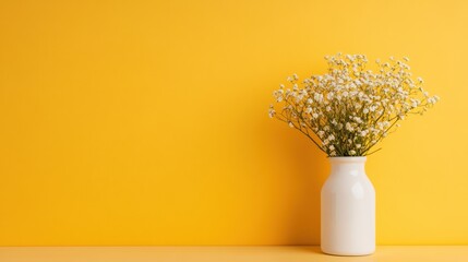 Aufkleber - Minimalist Floral Arrangement White Ceramic Vase with Babys Breath on Bold Yellow Background - Modern Interior Decor and Visual Marketing Content for Vibrant Living Spaces