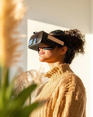 Aufkleber - Innovative VR Tourism Experience Young Hispanic Woman in Cozy Knitwear Enhancing Accessibility in Sunlit Modern Workspace - Empowering Digital Volunteerism and Visual Impairment Support