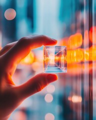 Fototapete - Digital Aesthetic Geometry Hand Holding a Transparent Cube at a Futuristic Pop-Up with LED Display - Interactive Tech Retail and Startup Brand Engagement