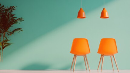 Aufkleber - Mid-Century Modern Coworking Space Vibrant Orange Seating Against Aqua Walls - Dynamic Work Environment for Creative Professionals and Engaging Collaborative Sessions