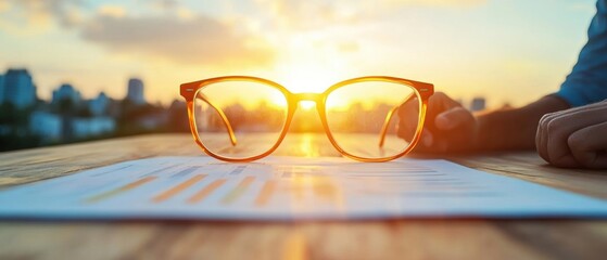 Aufkleber - Minimalist Sunset Workspace Glasses on Wood Table with Financial Papers - Corporate Visual Storytelling for Business Strategy and Modern Productivity