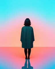 Leinwandbilder - Color Illusion Fashion Display Korean Woman in Gradient Teal and Pink Backdrop - Contemporary Visual Merchandising and Trendy Art Installations in Minimalist Settings