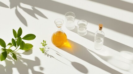 Poster - Contemporary Minimalist Display Glass Vessels with Liquids on Sunlit Surface - Botanical Aesthetics for Modern Wellness and Natural Lifestyle Marketing