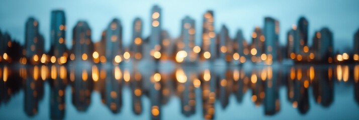 Poster - Modern Urban Reflections Blurred Cityscape in Evening Light Reflecting on Calm Harbor - Contemporary Waterfront Development and Tourism Marketing