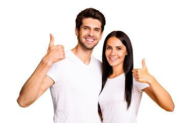 Aufkleber - Photo of amazing pair raising thumbs up approving good quality product wear casual outfit isolated yellow color background