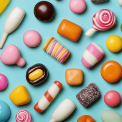 Poster - Vibrant Candy Assortment Display Colorful Confectionery on Aqua Surface - Festive Design for Retail Marketing and Dessert Industry Visual Merchandising