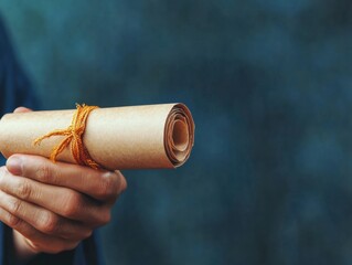 Poster - Minimalist Diploma Close-up Textured Parchment Roll Against Abstract Backdrop - Modern Educational Achievement Symbol and Professional Branding Content