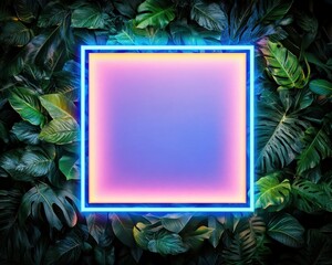 Fototapete - Neon Futurism in Graphic Design Illuminated Abstract Frame in Tropical Foliage - Innovative Visual Content and Urban Space Aesthetic for Modern Branding and Digital Marketing