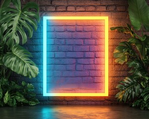 Poster - Neon Geometric Frame with Tropical Foliage Illuminated Wall Art for Urban Spaces - Innovative Design for Creative Offices and Vibrant Marketing Campaigns