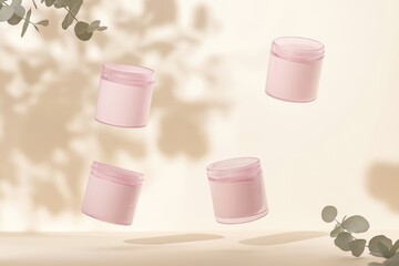 Poster - Floating Pink Glass Jars in Pastel Aesthetic Dynamic Product Display for Contemporary Interiors and Minimalist Packaging Design in Wellness Market