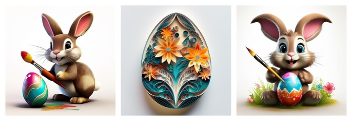 Poster - Easter themed image with bunnies painting eggs using brushes, alongside a decorative egg with floral and teal wave patterns.