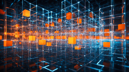 Poster - Interconnected transparent cubes in an abstract technology composition